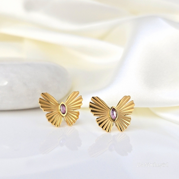 NEW 18K Gold Plated Pink Marquise Diamond Textured Butterfly Stud Earrings - Picture 3 of 6